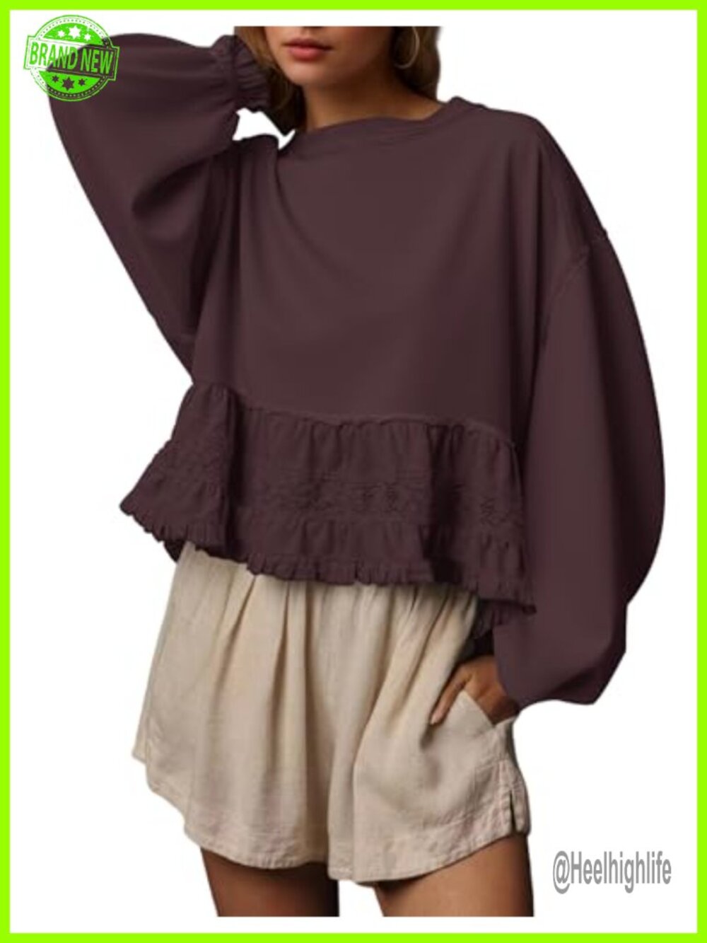 Oversized Peplum Sweatshirt Cotton Blend Babydoll Lace Ruffle Pullover